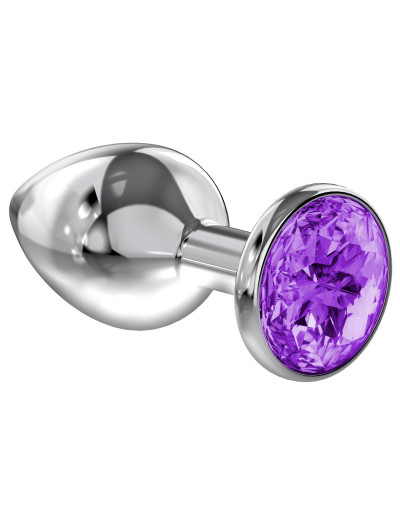 Большая серебристая анальная пробка Diamond Purple Sparkle Large с фиолетовым кристаллом - 8 см.