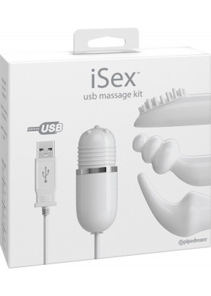 Белый вибромассажер с набором насадок USB MASSAGE KIT на проводе USB