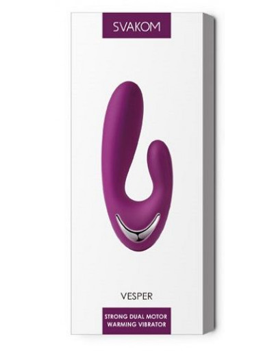 Фиолетовый вибратор Vesper с клиторальным отростком и функцией нагрева - 14,8 см.