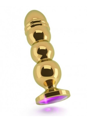 Золотистая фигурная анальная пробка R10 RICH Gold/Purple с фиолетовым кристаллом - 14,5 см.