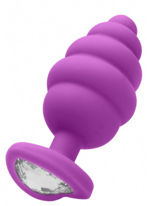 Фиолетовая анальная пробка Large Ribbed Diamond Heart Plug - 8 см.
