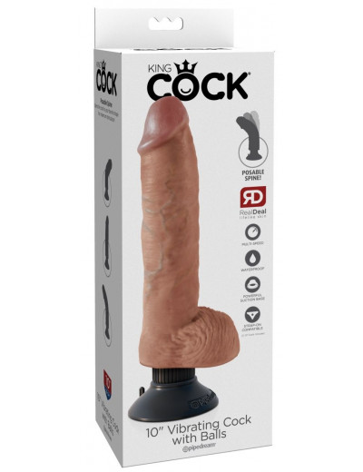 Кофейный вибромассажер 10  Vibrating Cock with Balls - 25,4 см.